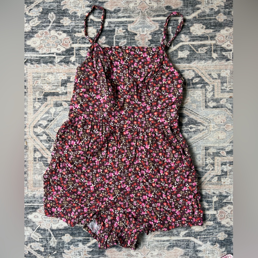 Old Navy Floral Romper in Brown with Pink & Red Flowers